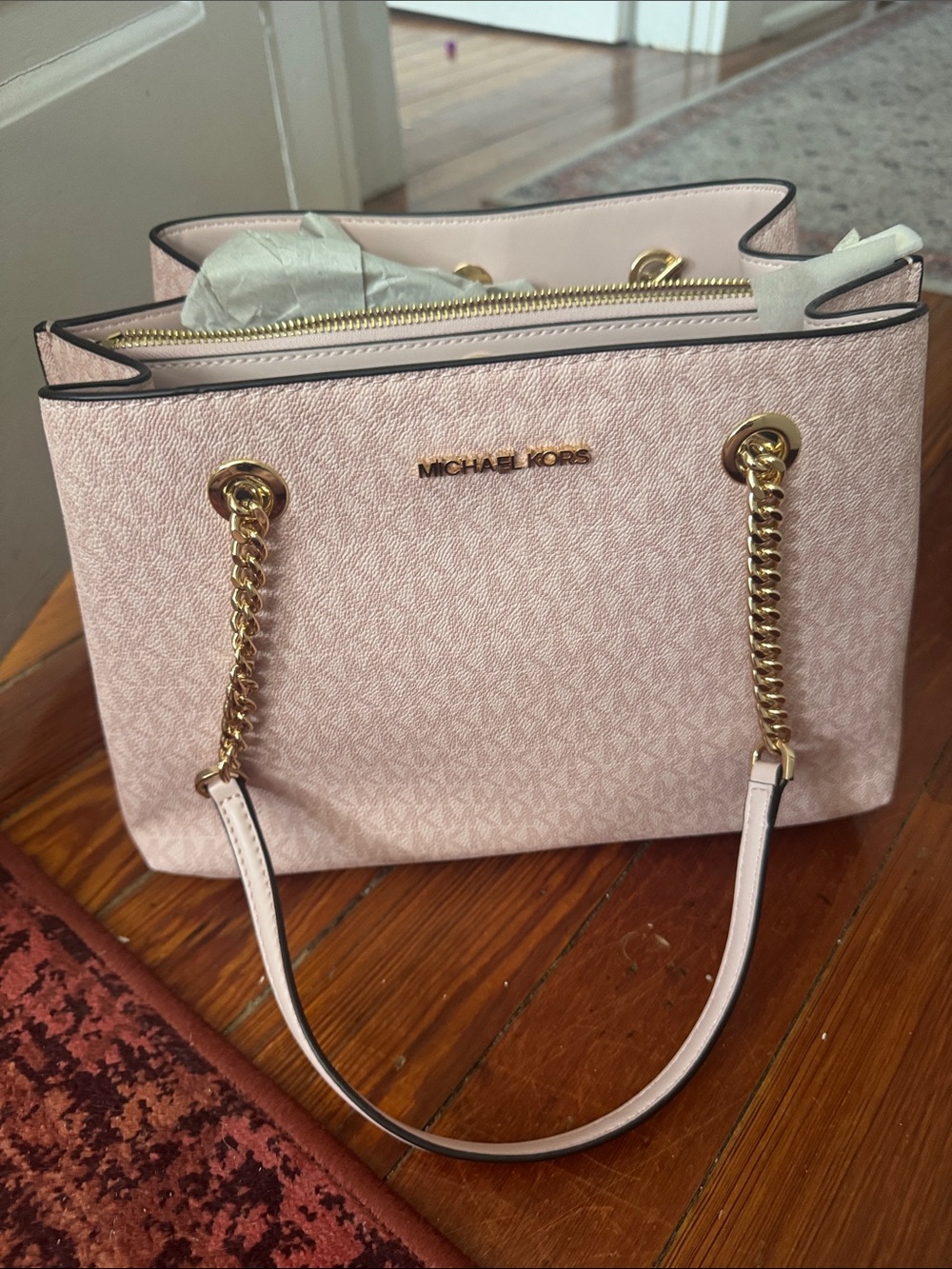 Michael Kors Light Pink Logo-Print Chain-Strap Tote